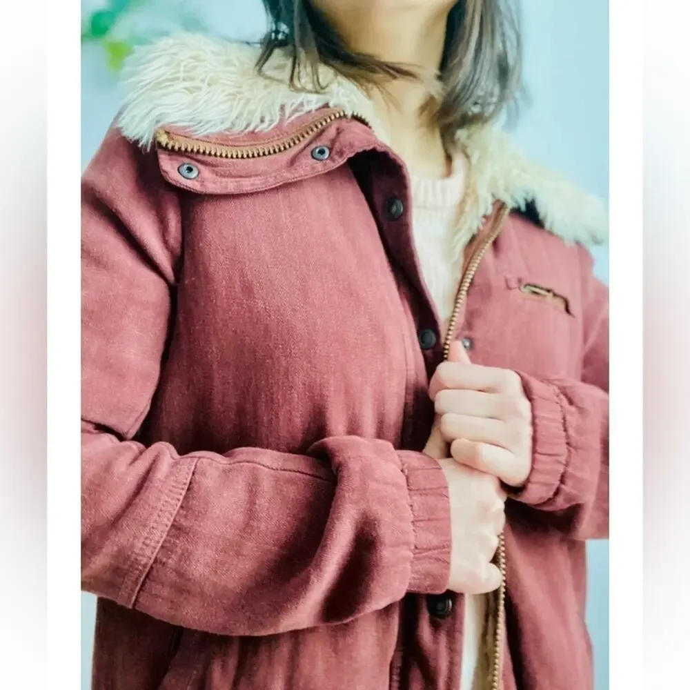 Free People Women's Shearling Shag Style Linen Bomber Jacket Size XS Maroon
